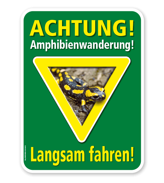 Tierschutzschild Achtung, Amphibienwanderung. Langsam fahren - Salamander – G