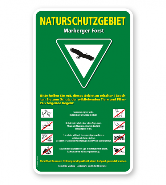 Schild Naturschutzgebiet mit Verkehrszeichen und Piktogrammen - 2 – G
