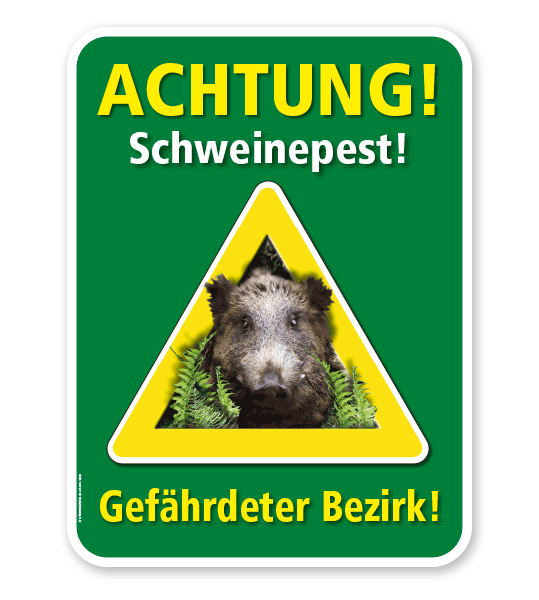Warnschild Achtung, Schweinepest. Gefährdeter Bezirk – G