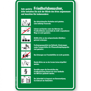 Friedhofsschild Sehr geehrte Friedhofsbesucher - Verhaltensregeln 8P - GF  grün/weiß
