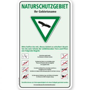 Schild Naturschutzgebiet mit Verkehrszeichen und Piktogrammen – G