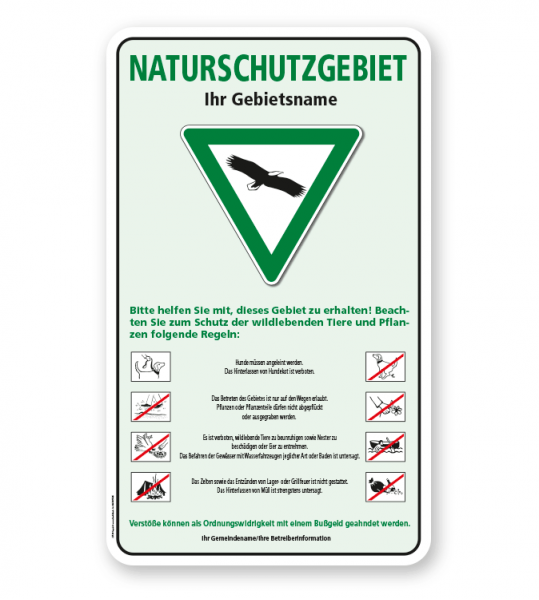 Schild Naturschutzgebiet mit Verkehrszeichen und Piktogrammen – G