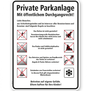 Hinweisschild Private Parkanlage mit Piktogrammen 8P - GF
