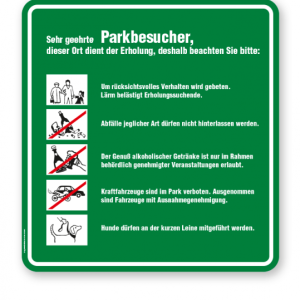 Schild Sehr geehrte Parkbesucher - Verhaltensregeln 5P - GF grün/weiß