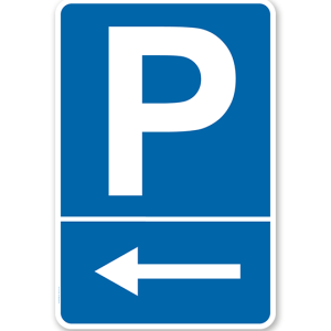 Parkplatzschild mit linksweisendem Pfeil – P
