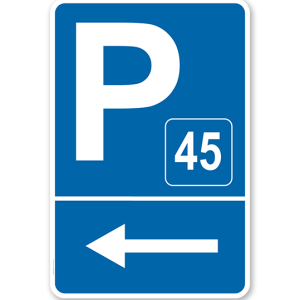 Parkplatzschild mit Pfeil links und Nummerierung – P