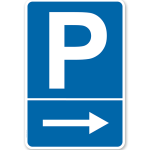 Parkplatzschild mit rechtsweisendem Pfeil – P
