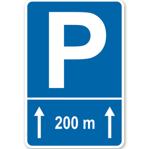 Parkplatzschild mit Pfeilen geradeaus und individueller Entfernungsangabe – P