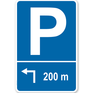 Parkplatzschild mit Pfeil links abknickend und individueller Entfernungsangabe – P