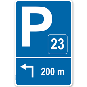 Parkplatzschild mit Pfeil links abknickend und Nummerierung – P