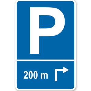 Parkplatzschild mit Pfeil rechts abknickend und individueller Entfernungsangabe – P
