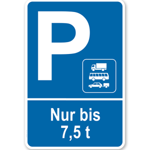 Parkplatzschild Nur PKW, Busse und PKW mit Anhänger bis 7,5 t – P