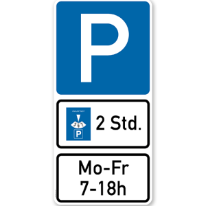 Parkplatzschild Parksymbol mit 2 Zusatzzeichen - Parkdauer - Kombination - P