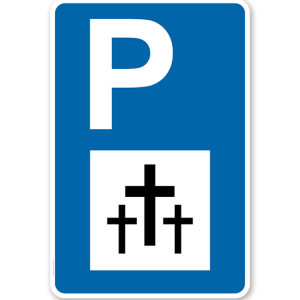 Parkplatzschild - Kriegsgräberstätte - mit Kreuzsymbol – P