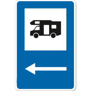 Parkplatzschild - Camping Wohnmobil - Pfeil links - mit Wohnmobilsymbol – P