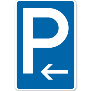 Parkplatzschild mit Pfeil linksweisend – P