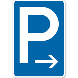 Parkplatzschild mit Pfeil rechtsweisend – P