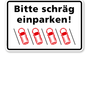 Parkplatzschild Bitte schräg einparken – links P