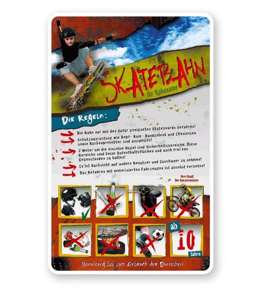 Schild Skatebahn 8P - PB - längere Schilderversion