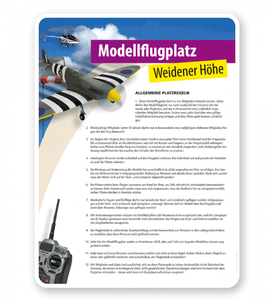 Schild Modellflugplatz mit Platzregeln - PV