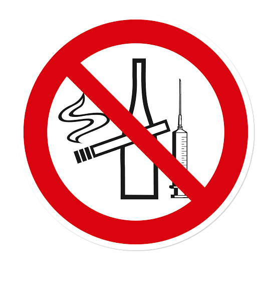 Verbotszeichen Rauchen, Drogen und Alkohol verboten