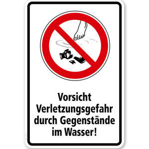 Verbotsschild Verletzungsgefahr durch Gegenstände im Wasser