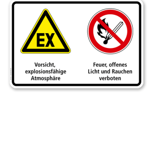Warnschild Vorsicht, explosionsfähige Atmosphäre - Feuer, offenes Licht und Rauche