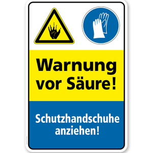 Sicherheitsschild Warnung vor Säure! Schutzhandschuhe anziehen!