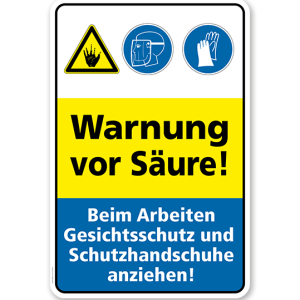 Sicherheitsschild Warnung vor Säure! Beim Arbeiten Gesichtsschutz und