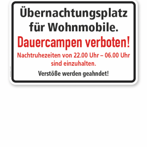 Textschild Übernachtungsplatz für Wohnmobile. Dauercampen verboten! - TX