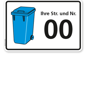 Schild Blaue Tonne mit Straßennamen und Nummer - WH