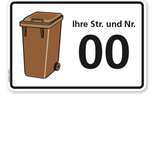 Schild Braune Tonne mit Straßennamen und Nummer - WH